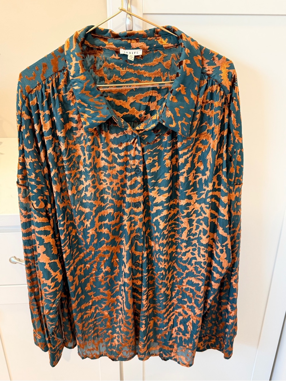 JODIFL Teal & Rust Animal Print Button-Up Blouse